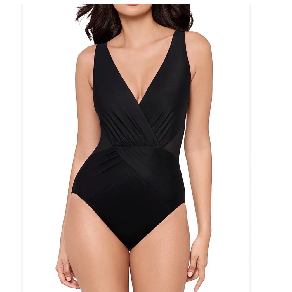 Miraclesuit Crossover One Piece Swimsuit Black V-Neck Slimming 6516689 Size 10